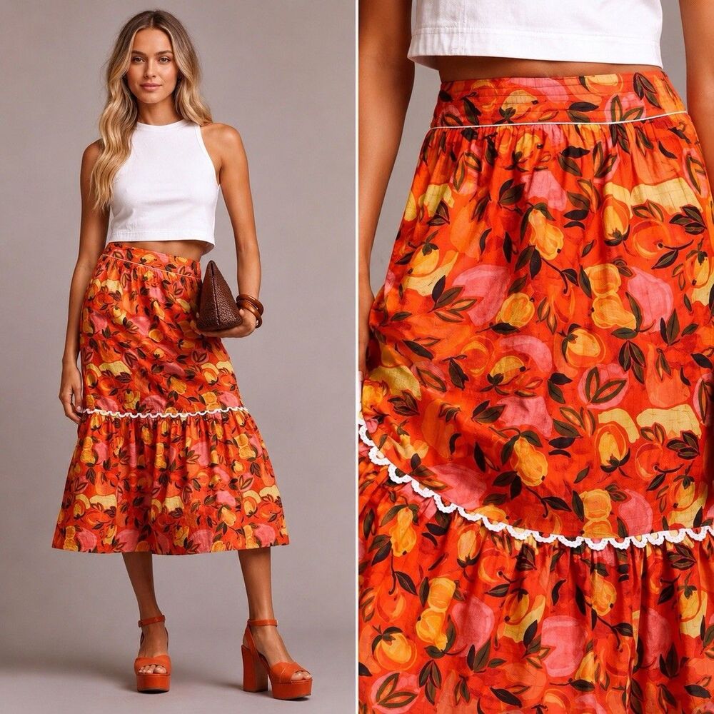 Farm Rio Anthropologie Tiered Flare Hem Fruit Print Midi Skirt NWT M Cotton